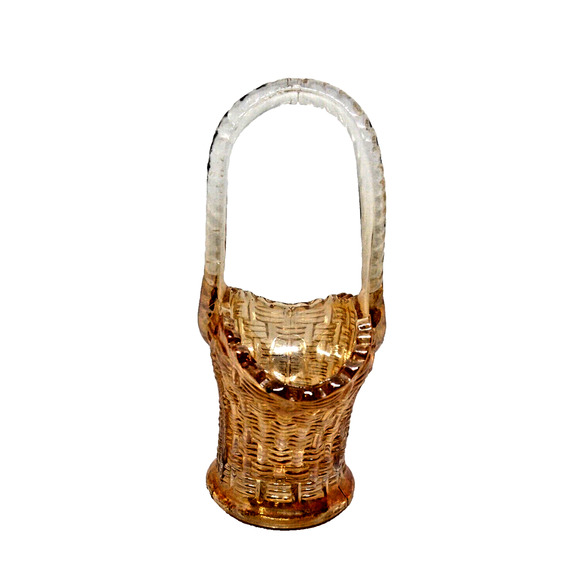 Vintage Iridescent Marigold Carnival Glass Basket, Weave Pattern, Dugan - Picture 6 of 6